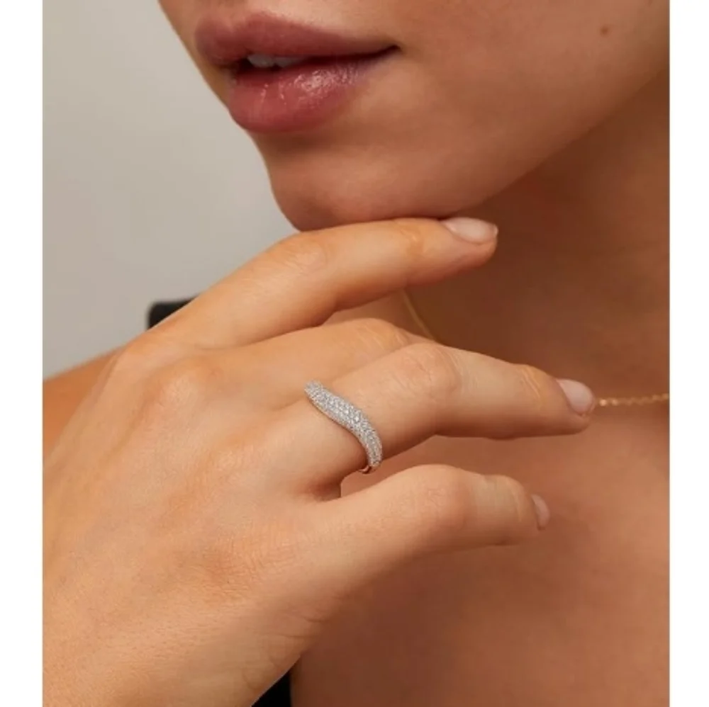 14K Gold Plated Wavy Cubic Zirconia Stackable Ring In White Gold - Picture 4 of 5